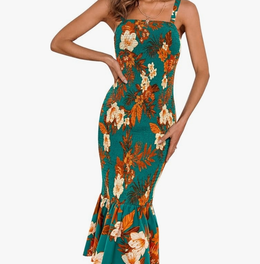 Floral Midi Dress in Teal and Orange